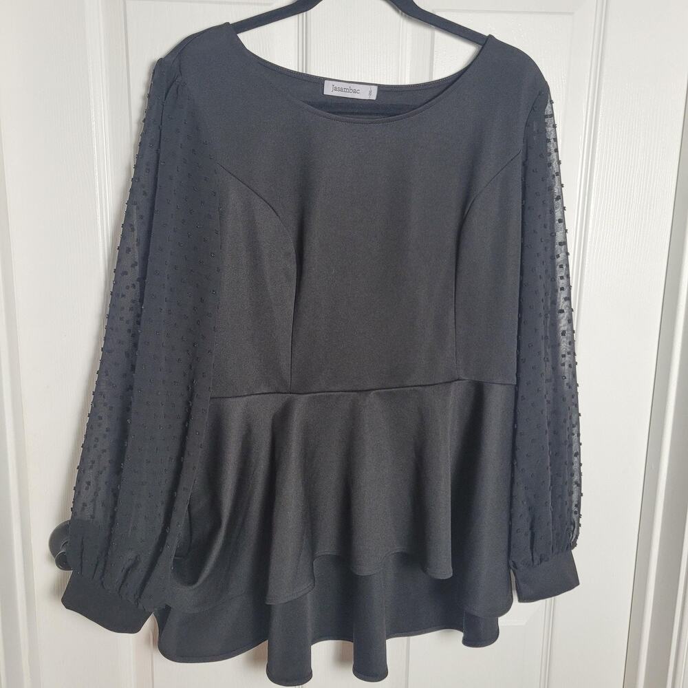 Jasambac Shirt 2XL Black Peplum Sheer Swiss Dot Long Sleeve Top Whymsigoth Fairy